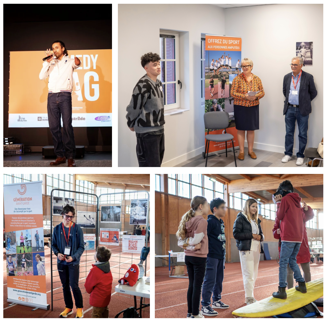 Photos de nos jeunes talents en train d'intervenir en entreprises ou auprès d'enfant pour sensibiliser au handicap et à leurs parcours sportifs
