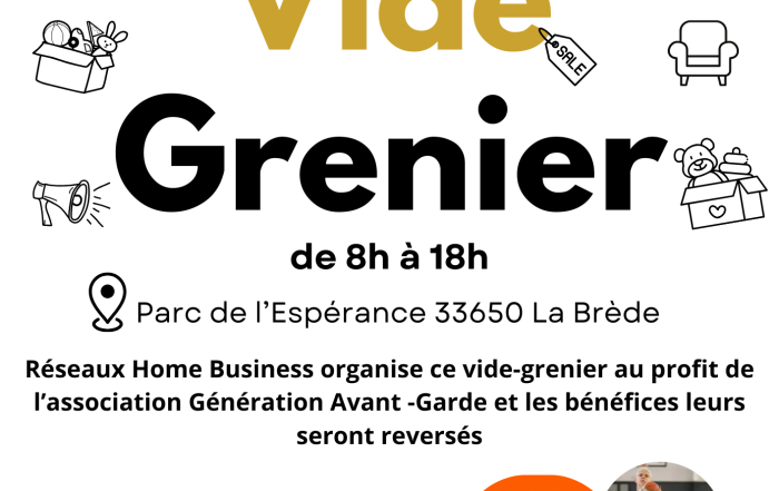 affiche pour un vide grenier qui se déroule à La Brede le 6 avril en faveur des actions de Génération Avant Garde
